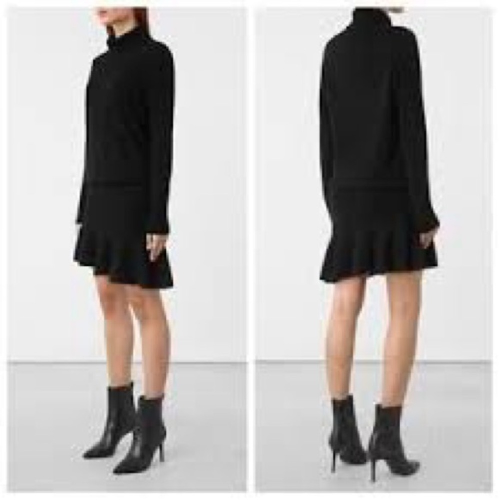 AllSaints Hava Black Wool Cashmere Asymmetrical Ruffle Turtleneck Dress Size S - Picture 3 of 10